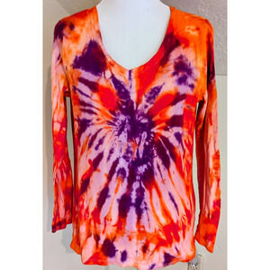 Merona Hand Tie Dyed V-Neck Top Women’s Long Sleeve Orange Purple Casual Tee